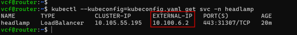 Figure 14: Headlamp verification – External IP Address using kubectl