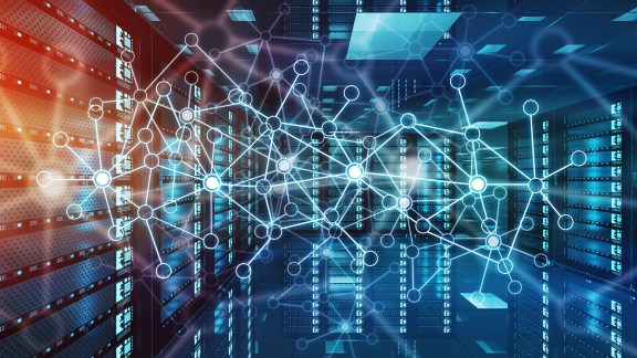 White and blue abstract network on server room data center 3D rendering