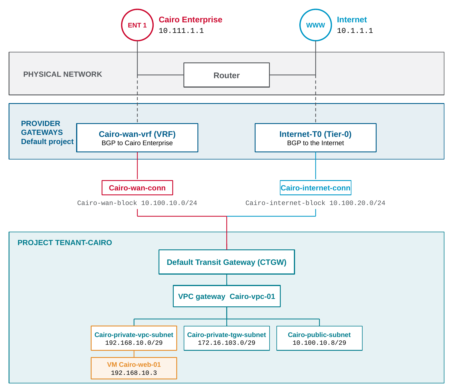 Tenant Cairo topology: two External Connections, workload on a Private-VPC subnet