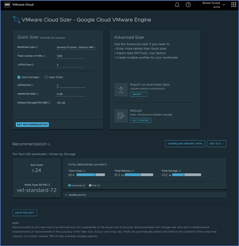 Preview of VMware Cloud Sizer for Google Cloud VMware Engine