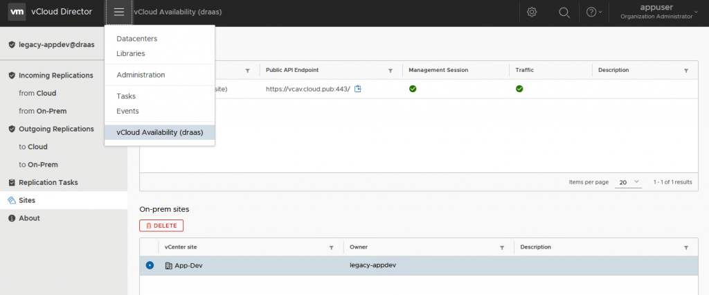 vCloud Availability plugin in the vCloud Director platform