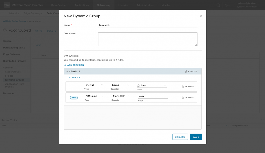 Dynamic security groups for distributed firewall with NSX-T in VMware Cloud Director (VCD) 10.3