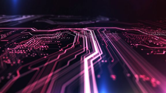 Technology background red and blue color, circuit board and code. 3d Illustration