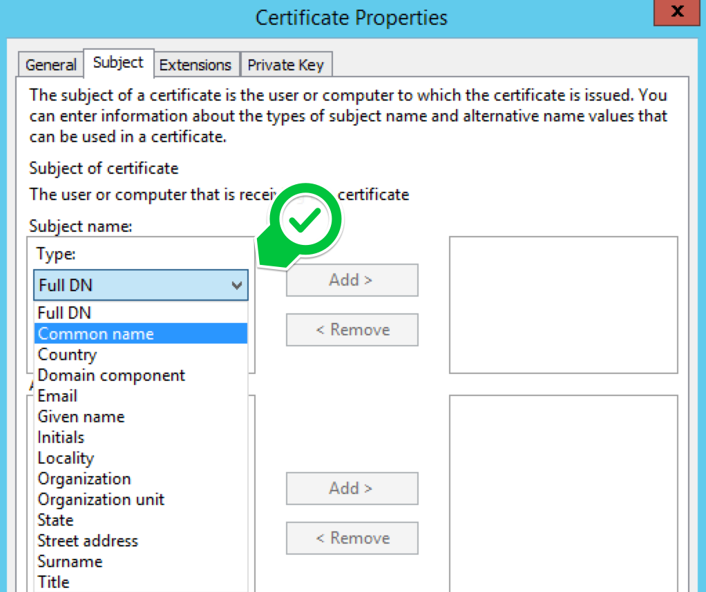 В формате pkcs 7. Subject name in Certificate.