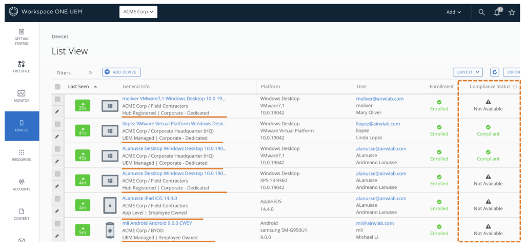 Figure 3: Device List View in Workspace ONE UEM