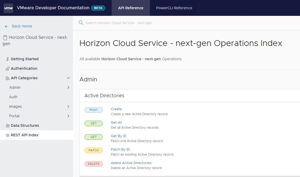 API Index Horizon Cloud Service next-gen