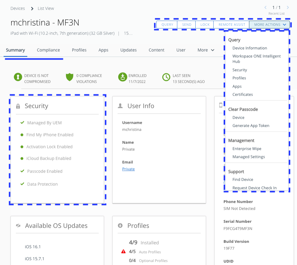 Figure 4: Device Details Page in Workspace ONE UEM for UEM Managed iPad