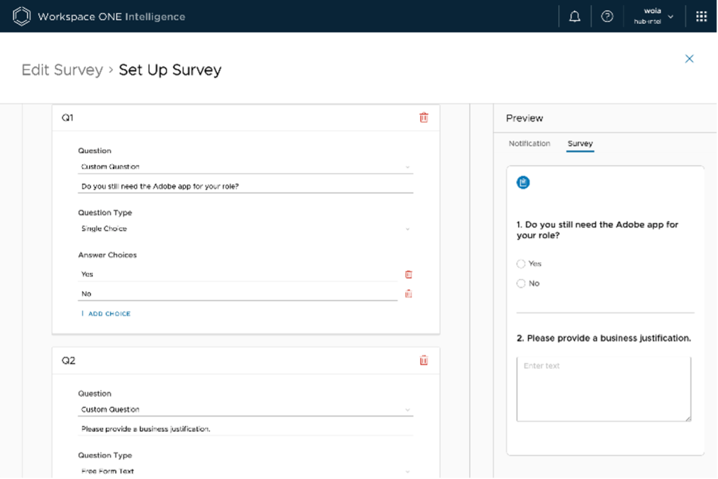 Setting up a survey in Workspace ONE Intelligence
