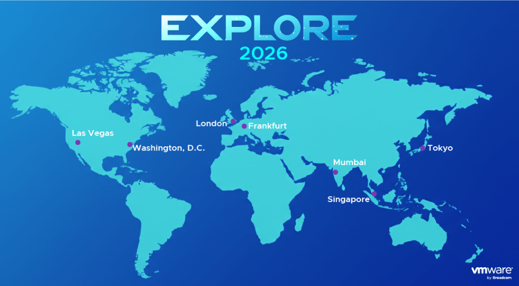 전 세계 지도에 표시된 VMware Explore 2026 각 정거장 위치