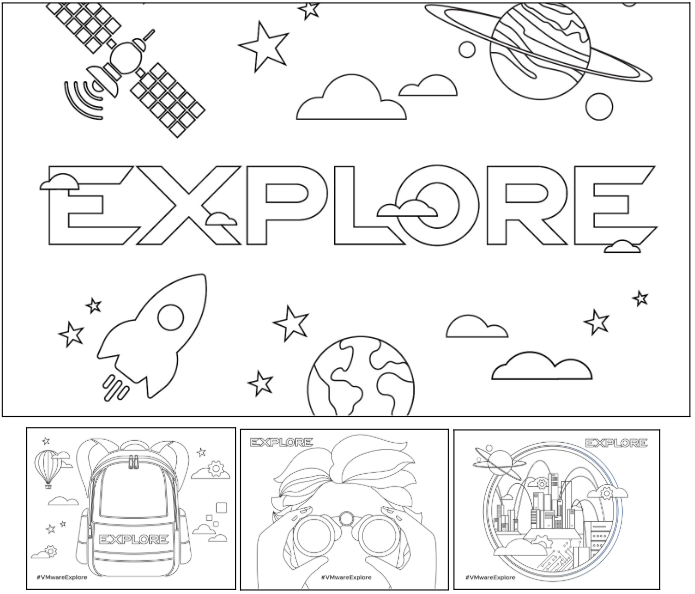 VMware Explore Coloring Pages Featuring the showcase logo surrounded by space elements, a face with wavy hair looking through binoculars, a backpack surrounded by clouds, and a cloud metropolis inside of an event lens - a Giveaway in 2025