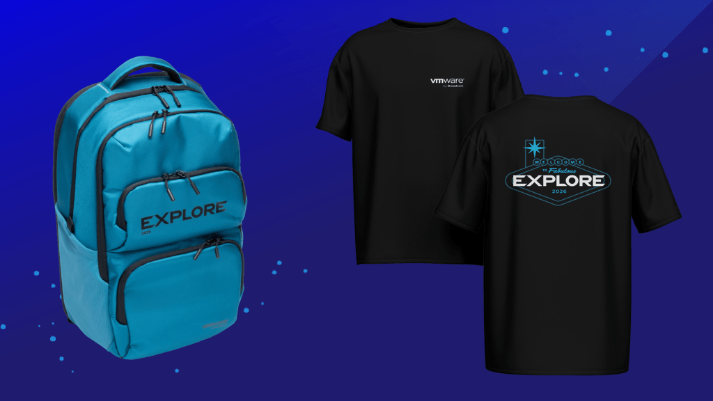 VMware Explore 2026 event t-shirt and backpack