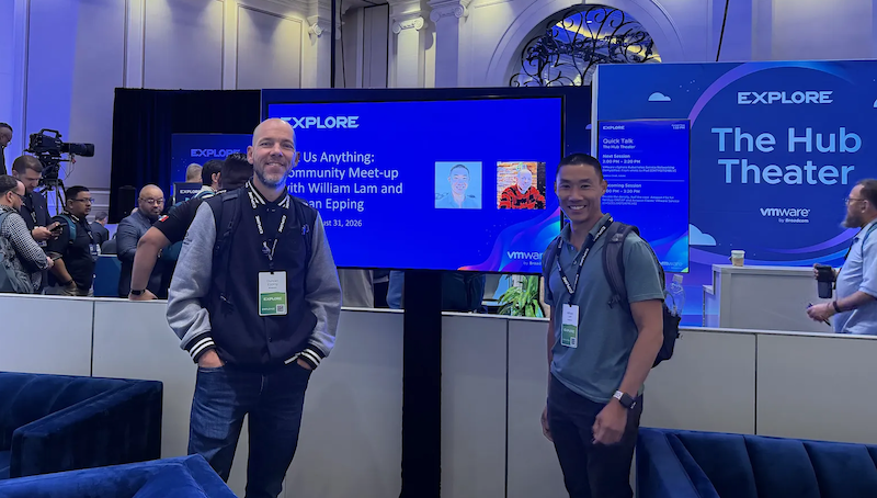 Willam Lam and Duncan Epping hosting an AMA session at the Communities Lounge in The Hub at VMware Explore 2026 in Las Vegas
