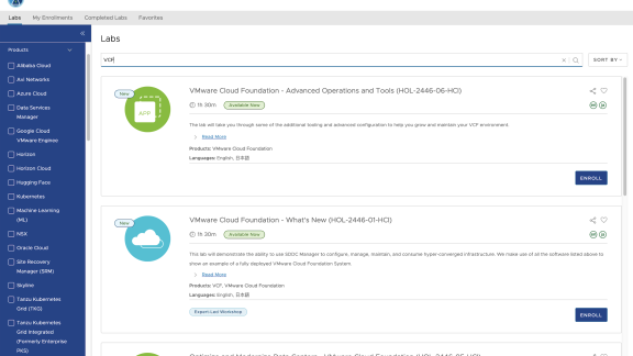 A screenshot of the VMware Hands-on Labs catalog, showcasing various labs available for exploration.