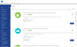 Screenshot of VMware Hands-on Labs catalog