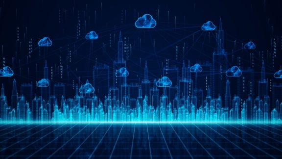 Digital City and cloud computing using artificial intelligence, 5g high-speed connection data analysis. Digital data network connections and global communication background.