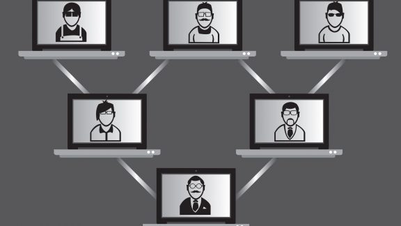 Wireless laptop computers with people on monitor screen linked in a hierarchical tree network. Conceptual vector illustration for high tech virtual meeting and networking technology isolated on plain grey background.