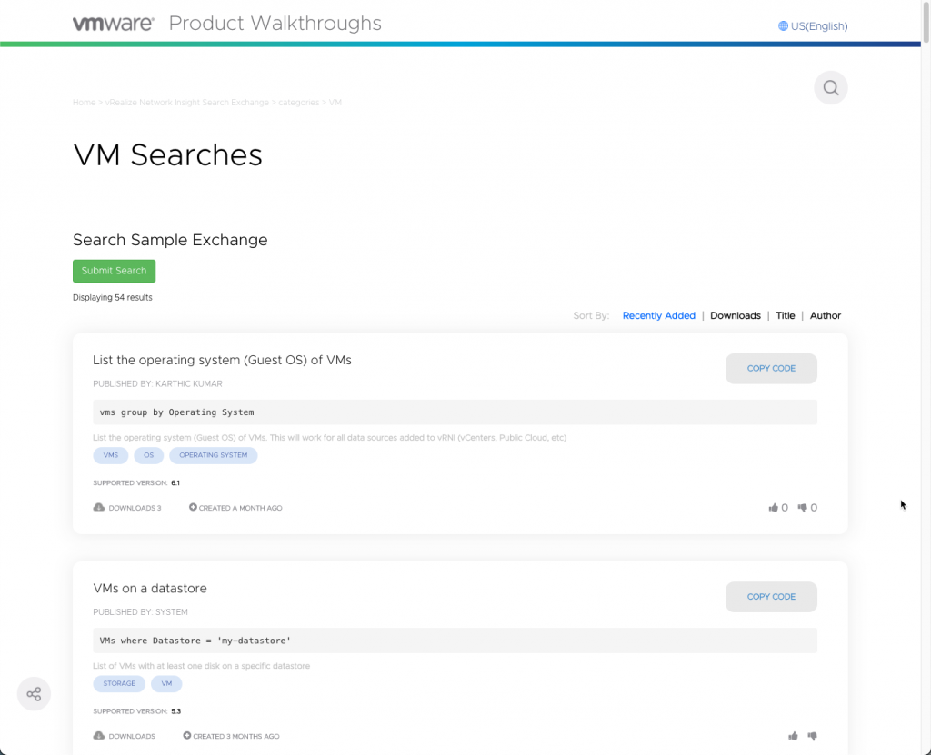 vRealize Network Insight Search Exchange - List of searches