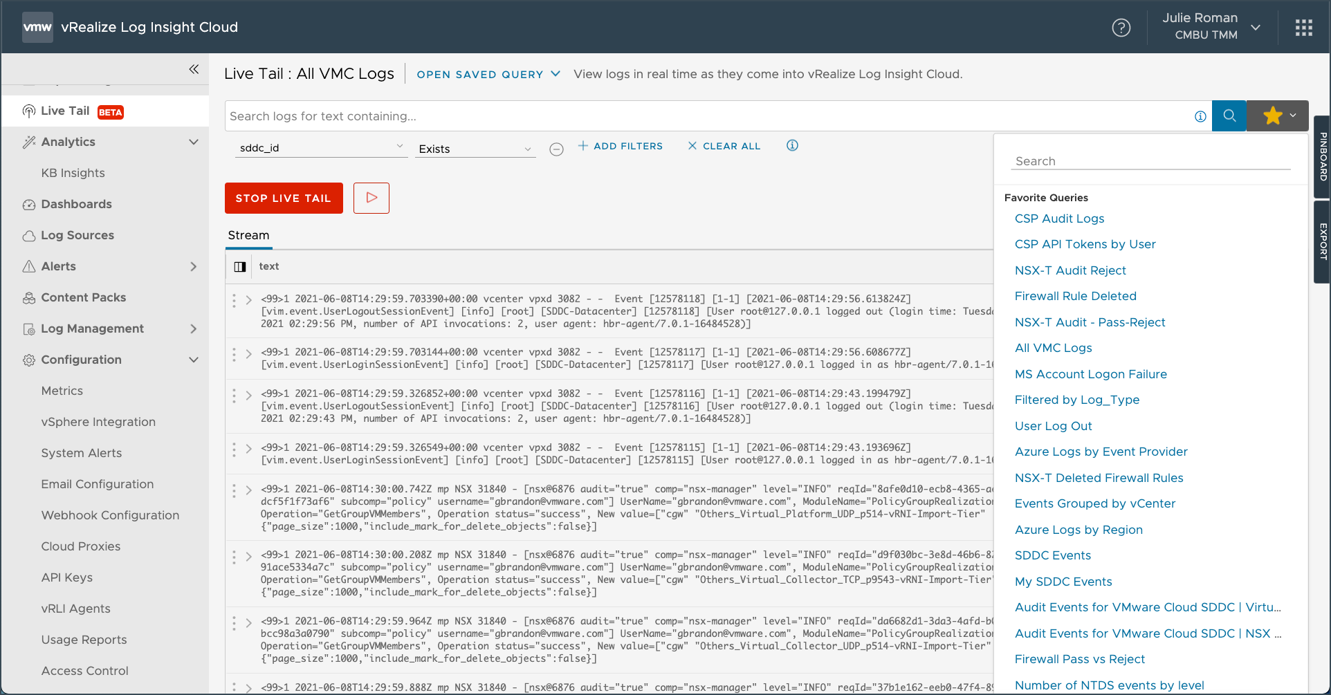 Tail log. VMWARE VREALIZE log Insight.