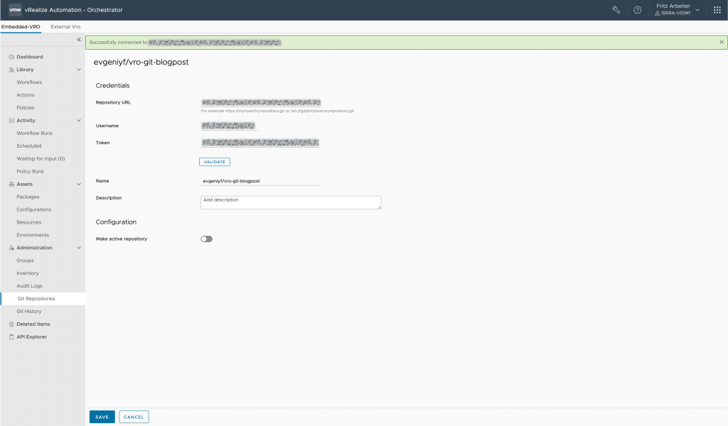 vRealize Orchestrator - Repository Validation Successful
