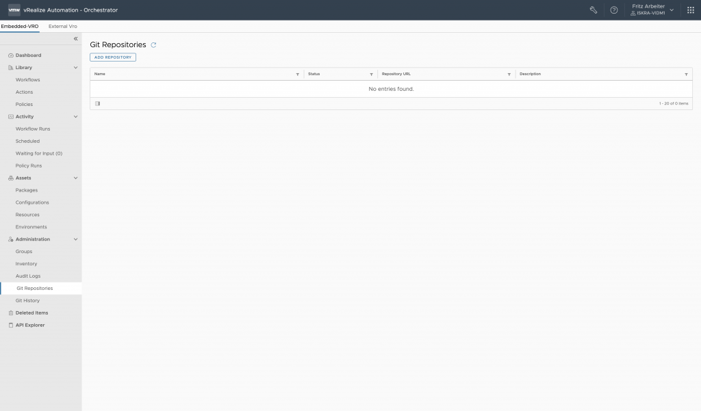 vRealize Orchestrator - Git Repositories page
