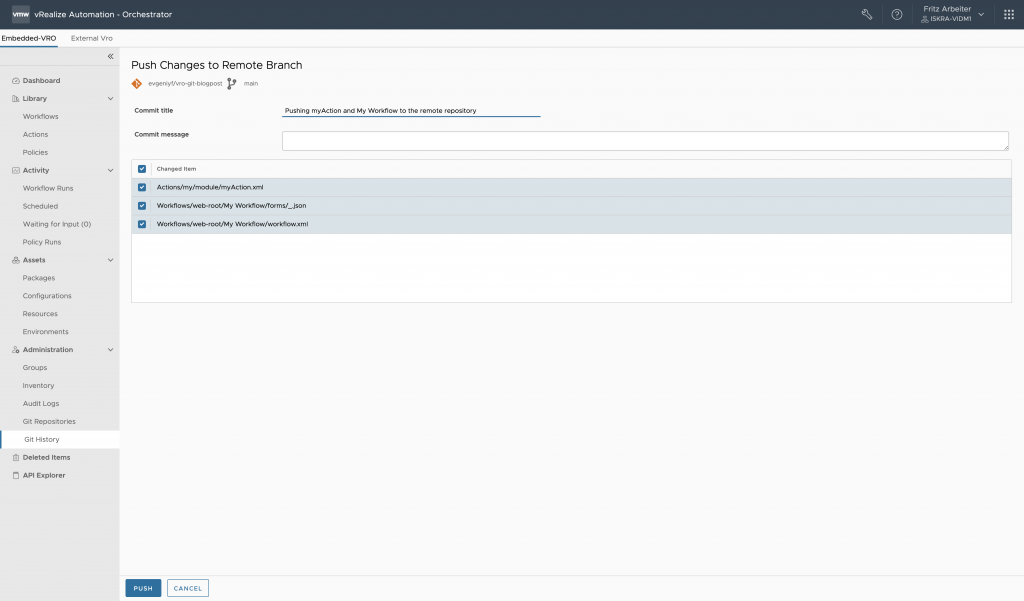 vRealize Orchestrator - Selecting Changes to Push