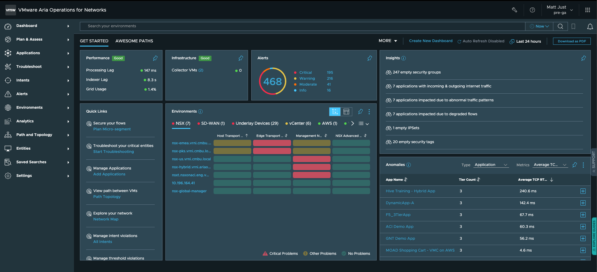 Aria operations for networks