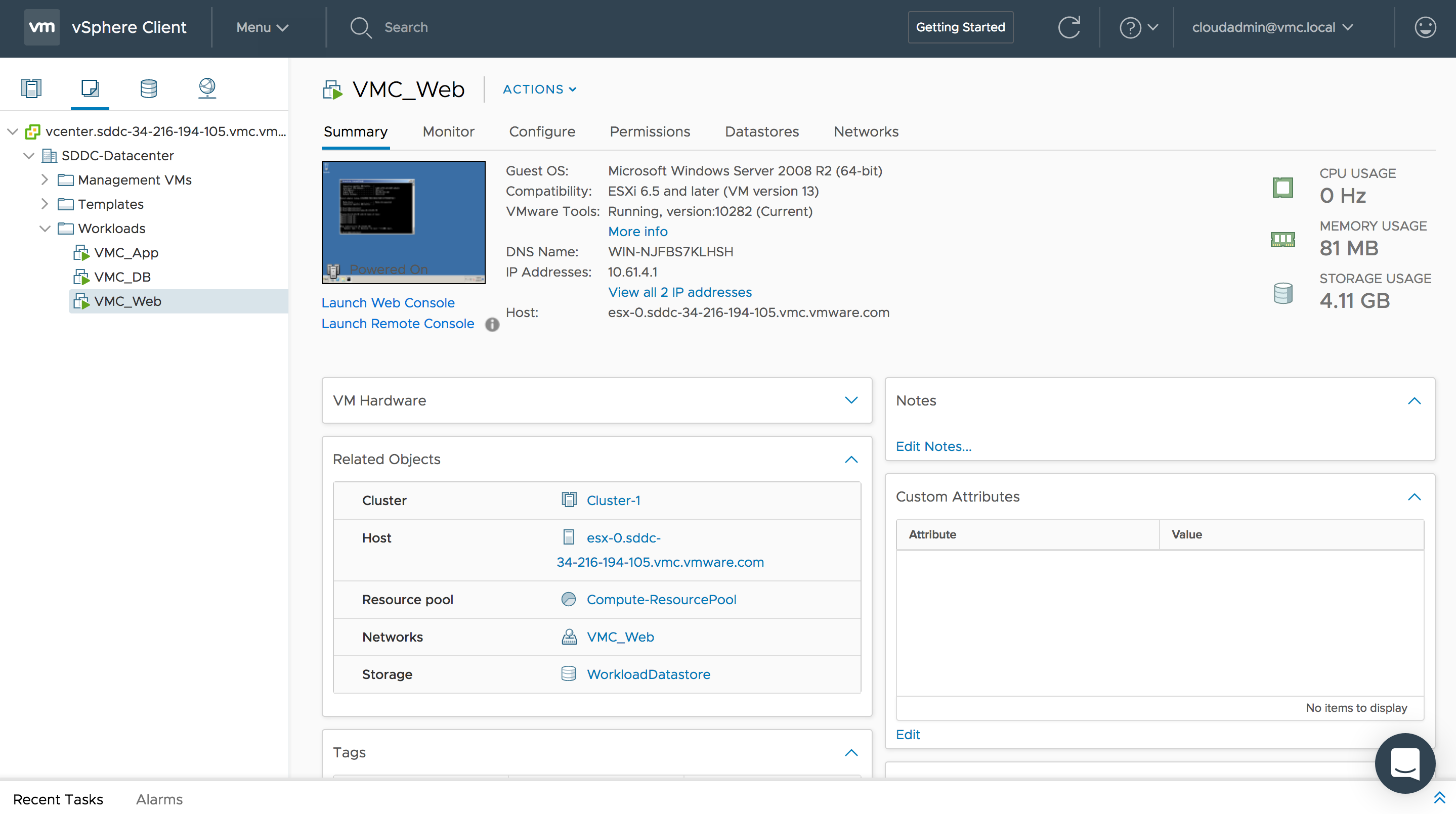 Host launcher. Custom attributes. SDDC. VCLOUD interface. Wild client menu.