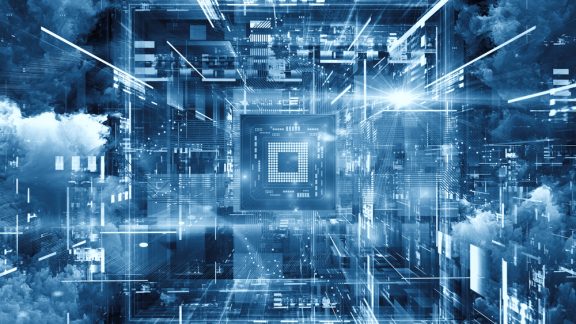 Arrangement of CPU graphic and abstract design elements on the subject of digital equipment, computing and modern technologies