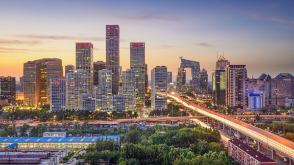 Beijing, China city skyline in the Central Business District at sunset.