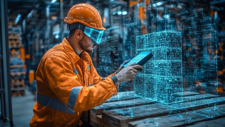 A factory worker using a handheld barcode scanner on a large pallet, surrounded by augmented reality data overlays, industrial setting, high-tech, hyper-realistic, cool tones.--style raw