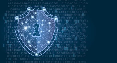 Cyber security concept: Shield on digital data background. Illustrates cyber data security or information privacy idea. Blue abstract hi speed internet technology.Protection concept. illustration