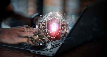 Businessman working on laptop with virtual screen. Online documentation database, IT consultant being set up Virtual Document Management System with a laptop, Software for archiving corporate files.