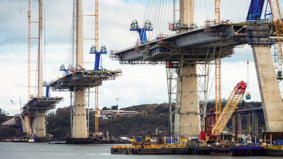 Construction in progress of the new bridge over the Firth of Forth, between Fife and the Lothians.