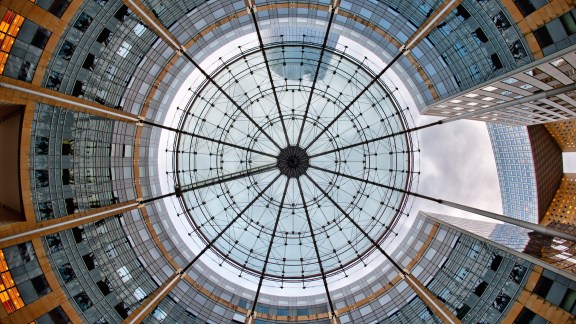 GettyImages-156594250, Architecture; Circle; Paris - France; Modern; La Défense, France; Built Structure; Ceiling; Indoors; Capital Cities; Directly Below; Horizontal; Shape; Travel Destinations