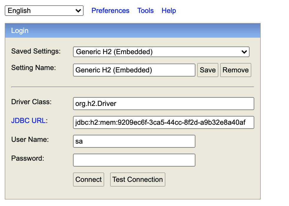 H2 database. H2 Console. Spring Boot Console. Generic Setup.