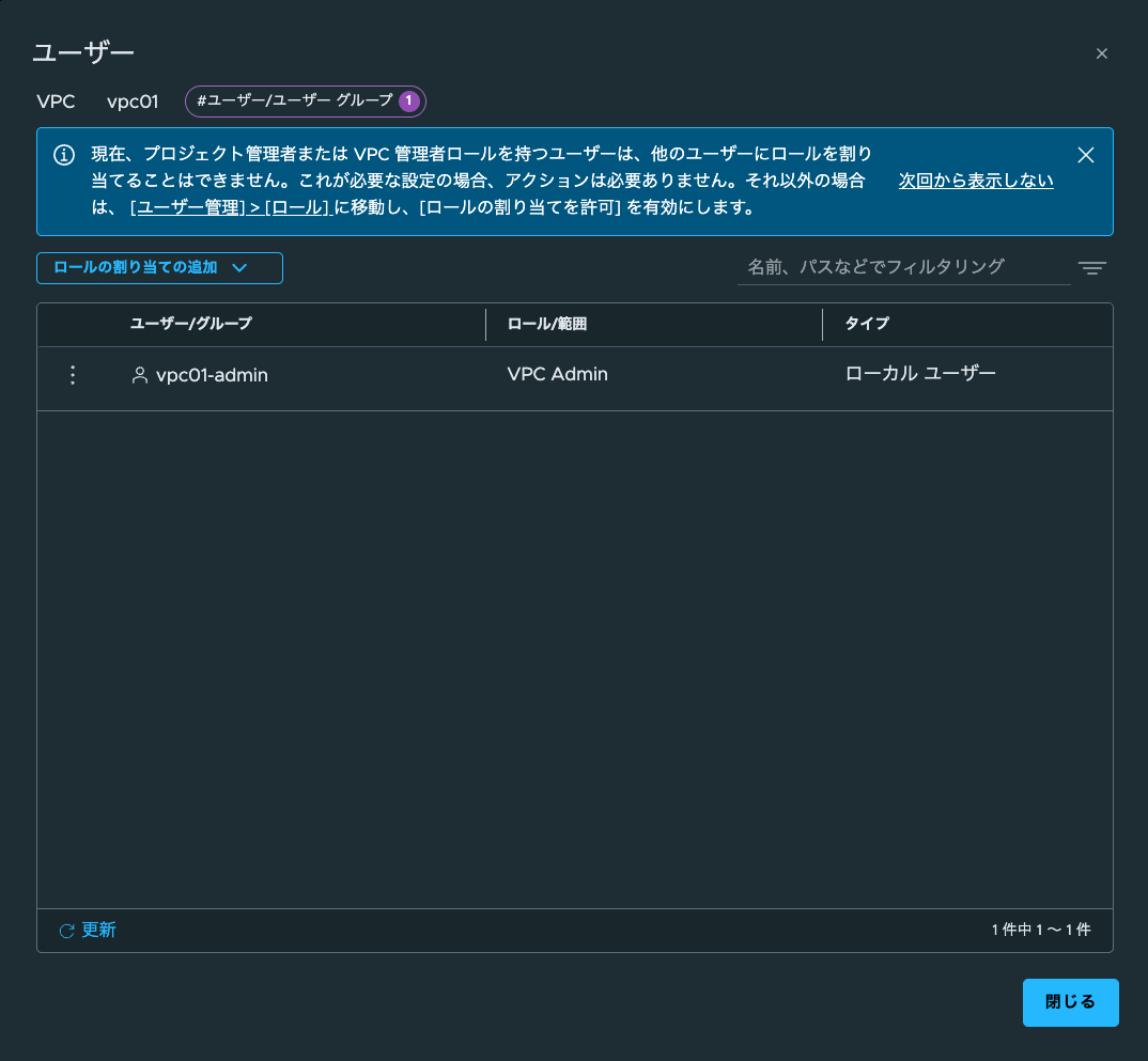 VPCユーザー権限の割り当て画面