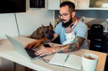 Man working at home with his dog and cat next to him