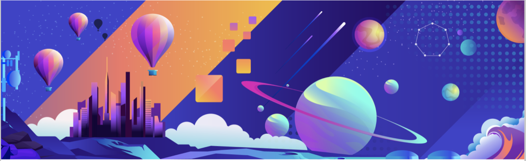 banner with balloons, planets, and a city scape