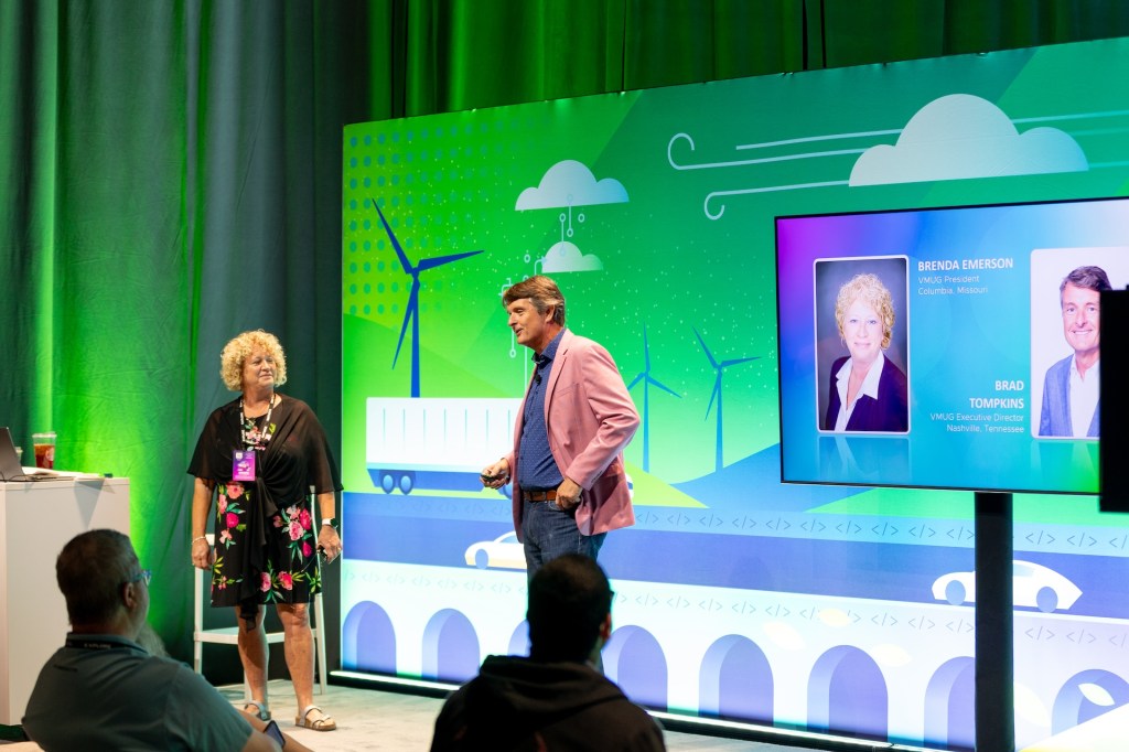 Brad Tompkins and Brenda Emerson presenting on behalf of VMUG at VMware Explore in Las Vegas