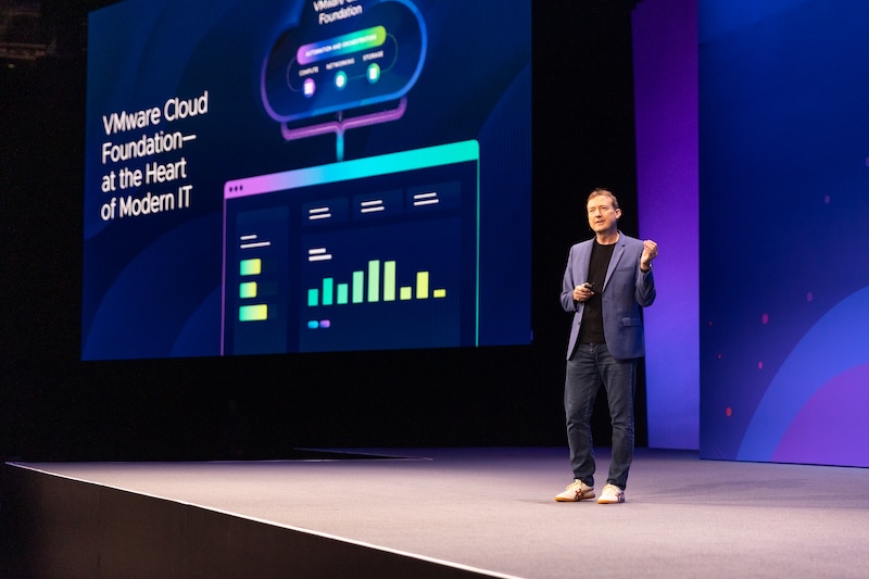 General session stage at VMware Explore 2025 in Las Vegas featuring Paul Turner and VCF Content