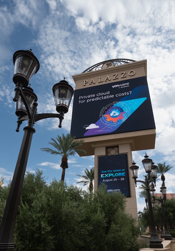 Exterior venue branding at VMware Explore 2025 in Las Vegas
