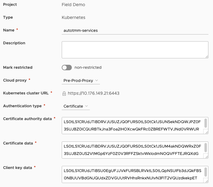 A vRealize Automation Kubernetes Endpoint configuration form