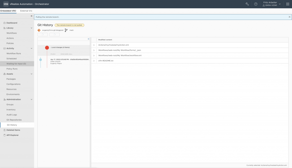 vRealize Orchestrator - Pulling the Remote Branch
