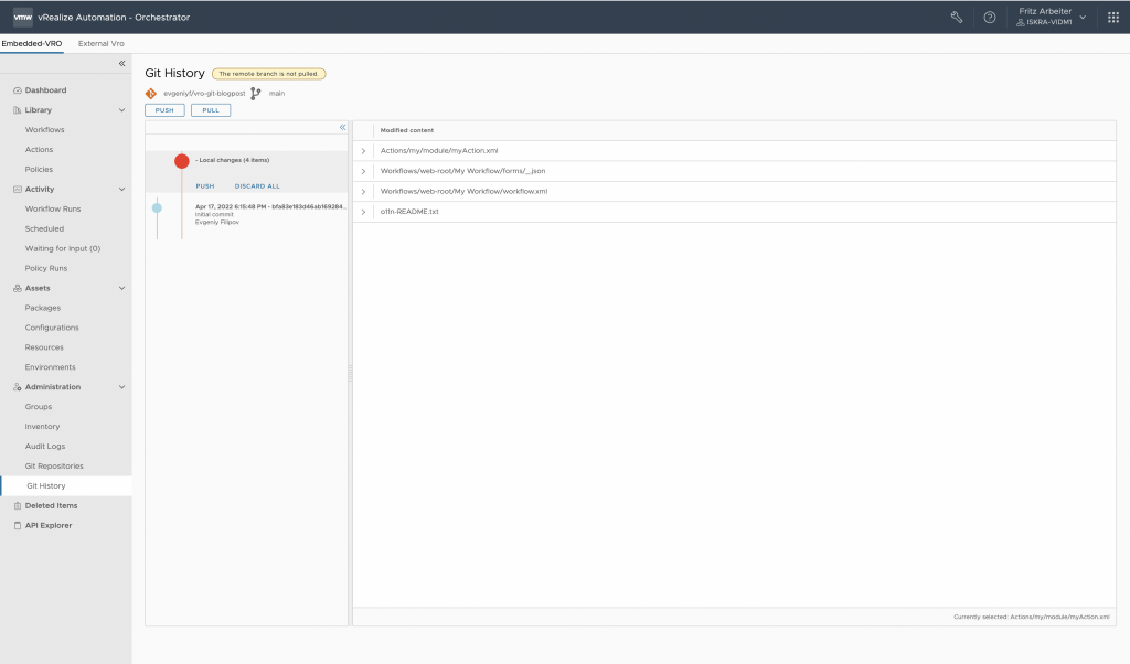 vRealize Orchestrator - Git History Page