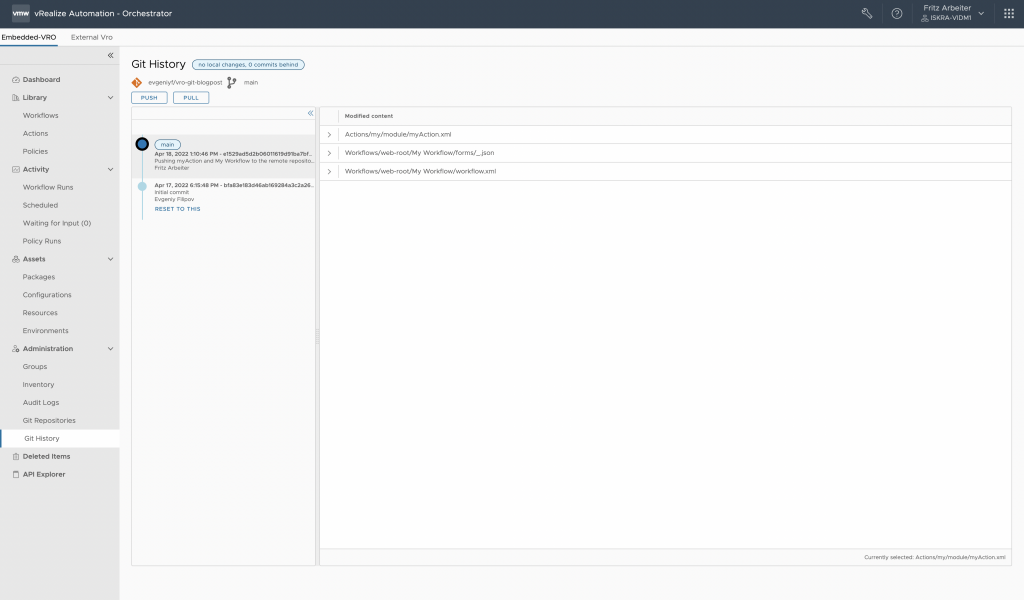 vRealize Orchestrator - Push Successful