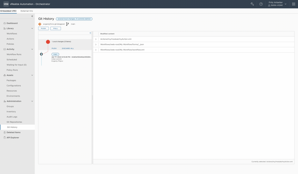 vRealize Orchestrator - Remote Branch Pulled