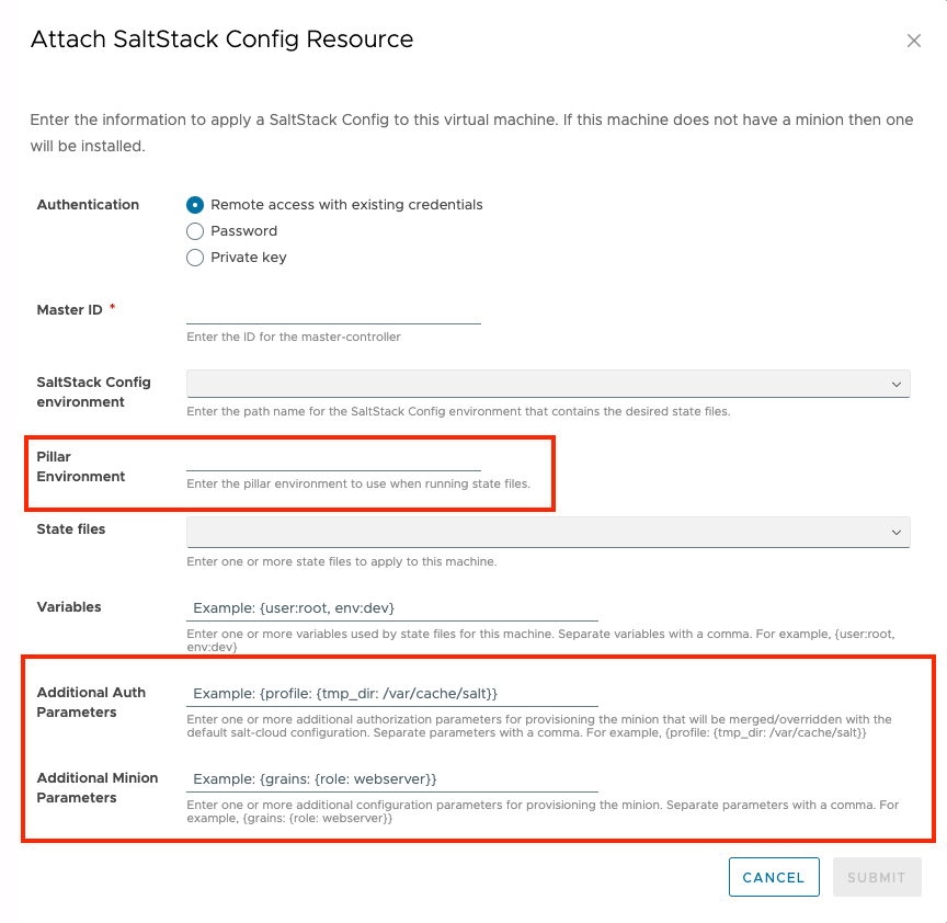 Added the ability to specify "additionalAuthParams", "additionalMinionParams", and "pillarEnvironment" properties to the SaltStack day 2 action "Attach SaltStack Resource".