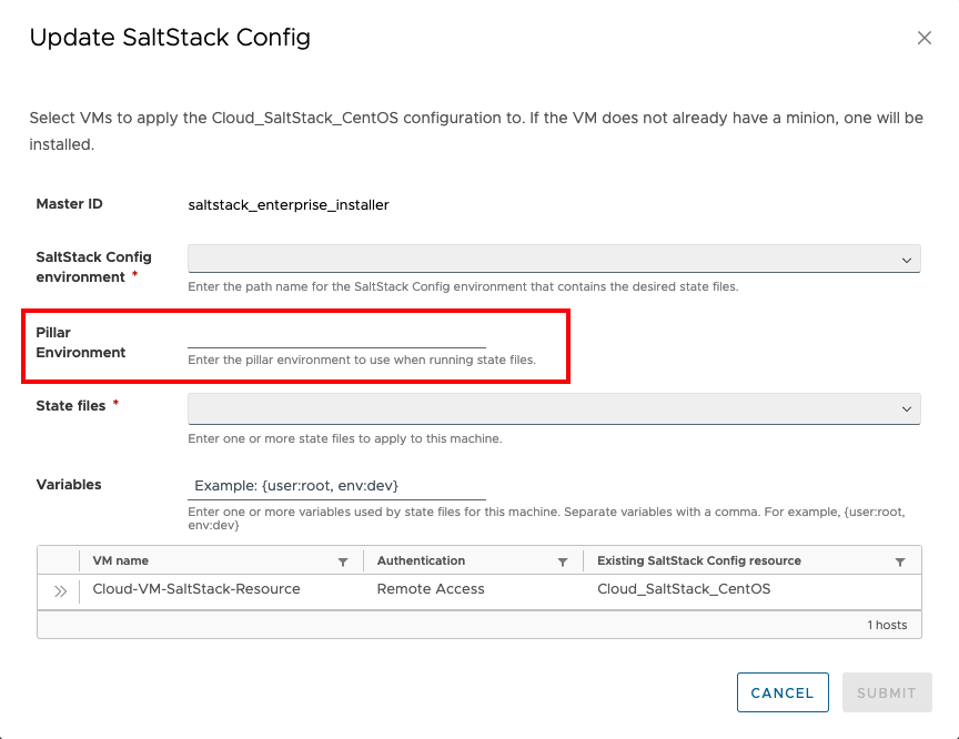 Added the ability to specify "pillarEnvironment" properties to SaltStack Day-2 action "Update Salt Configuration".