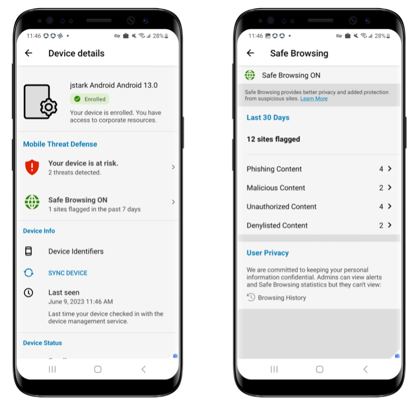 Workspace ONE Mobile Threat Defense phishing and content protection